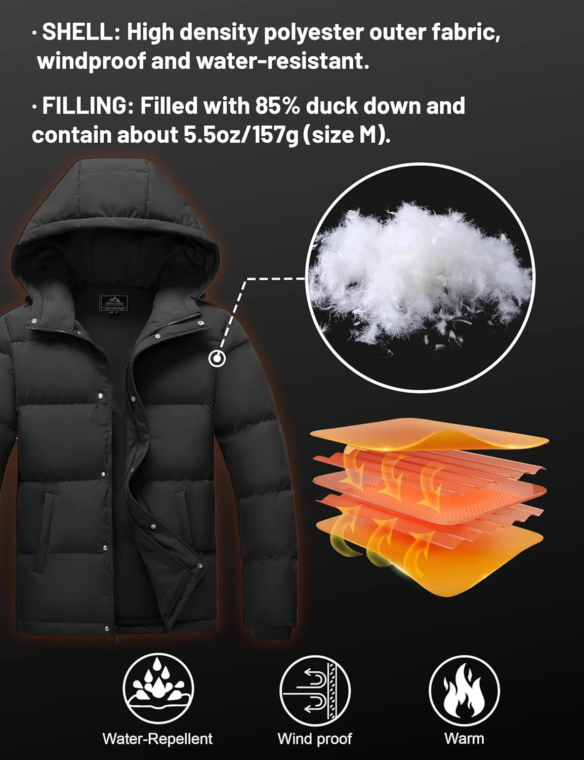 MAGCOMSEN Mens Hooded Down Jacket Water Resistant Puffer Jacket Full Zip Up Windproof Winter Jacket with Zip Pockets