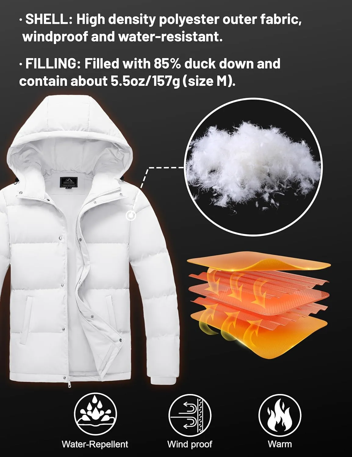 MAGCOMSEN Mens Hooded Down Jacket Water Resistant Puffer Jacket Full Zip Up Windproof Winter Jacket with Zip Pockets