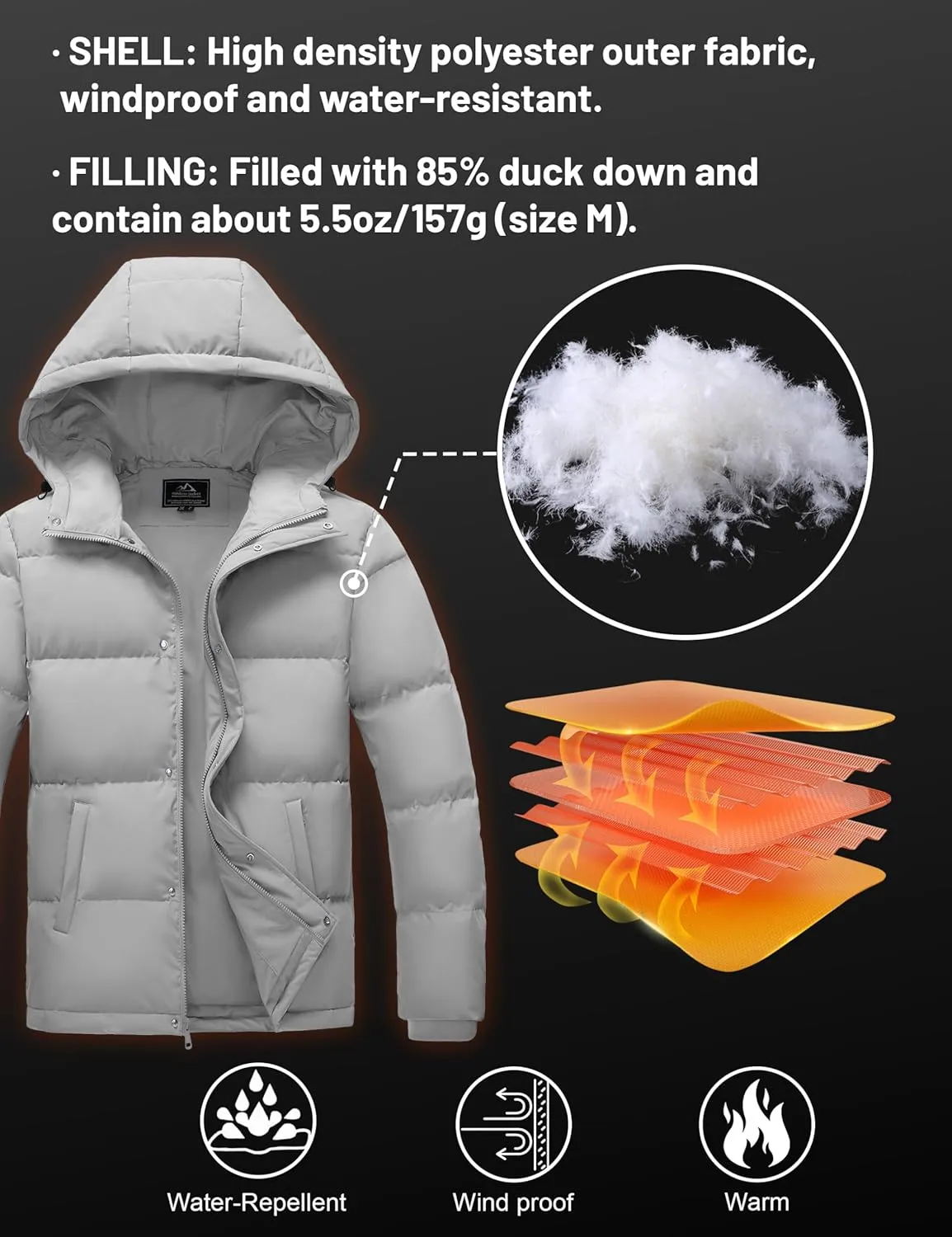 MAGCOMSEN Mens Hooded Down Jacket Water Resistant Puffer Jacket Full Zip Up Windproof Winter Jacket with Zip Pockets
