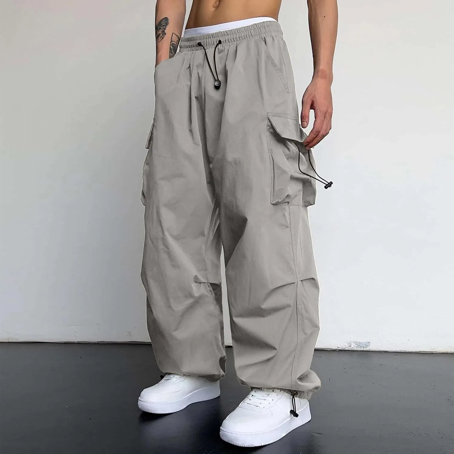 Mens Cargo Pants Casual Loose Fit Wide Leg Elasticated Waist Pant Sweatpants with Pockets