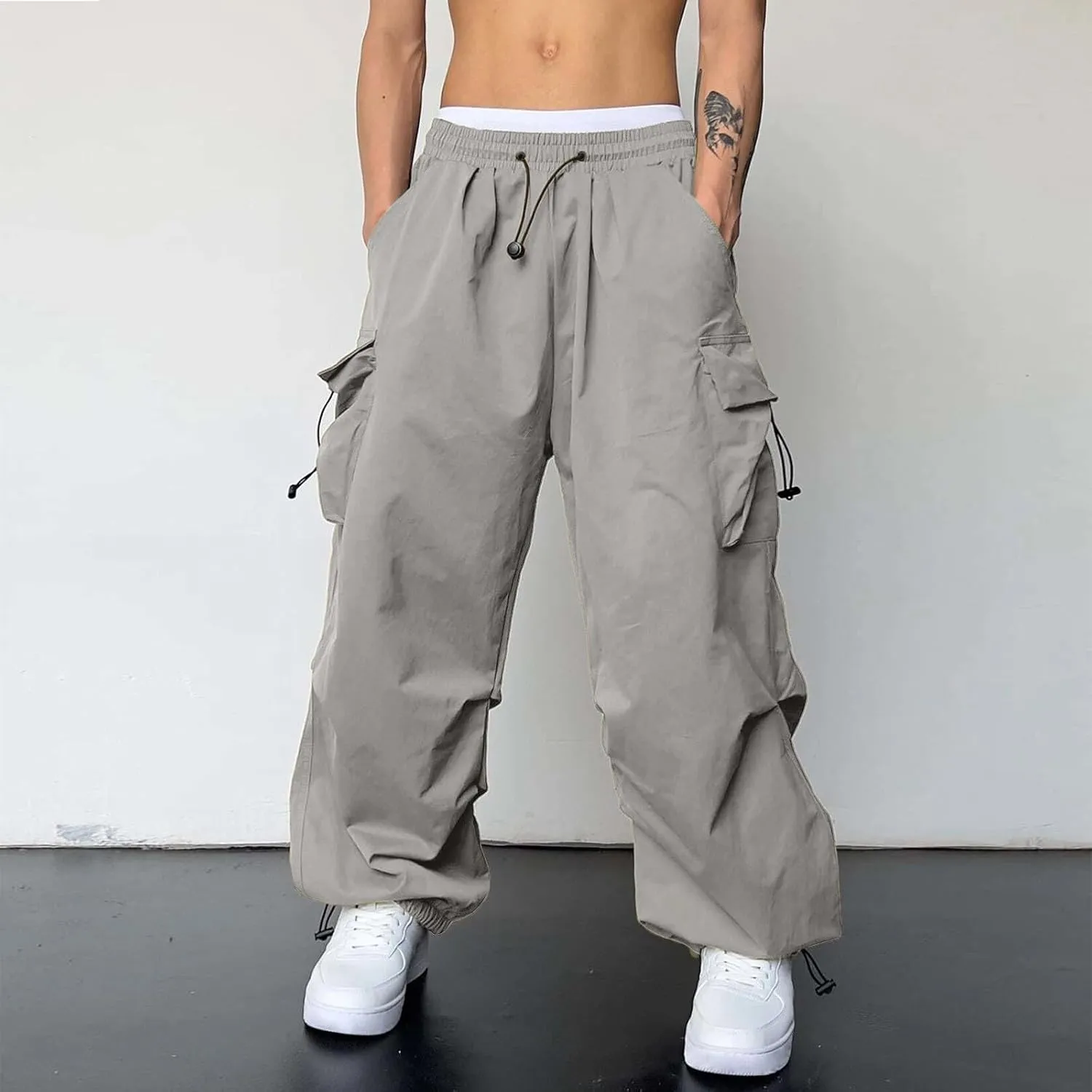 Mens Cargo Pants Casual Loose Fit Wide Leg Elasticated Waist Pant Sweatpants with Pockets
