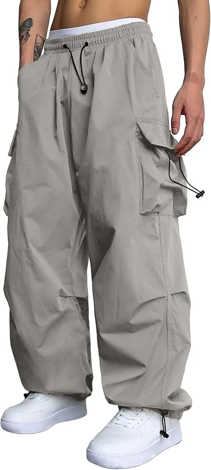 Mens Cargo Pants Casual Loose Fit Wide Leg Elasticated Waist Pant Sweatpants with Pockets