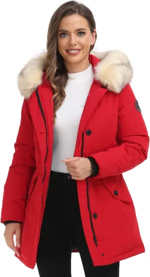 PUREMSX Duck Down Winter Coat for Women Insulated Long Thick Fur Hood Puffer Warm Parka Jacket