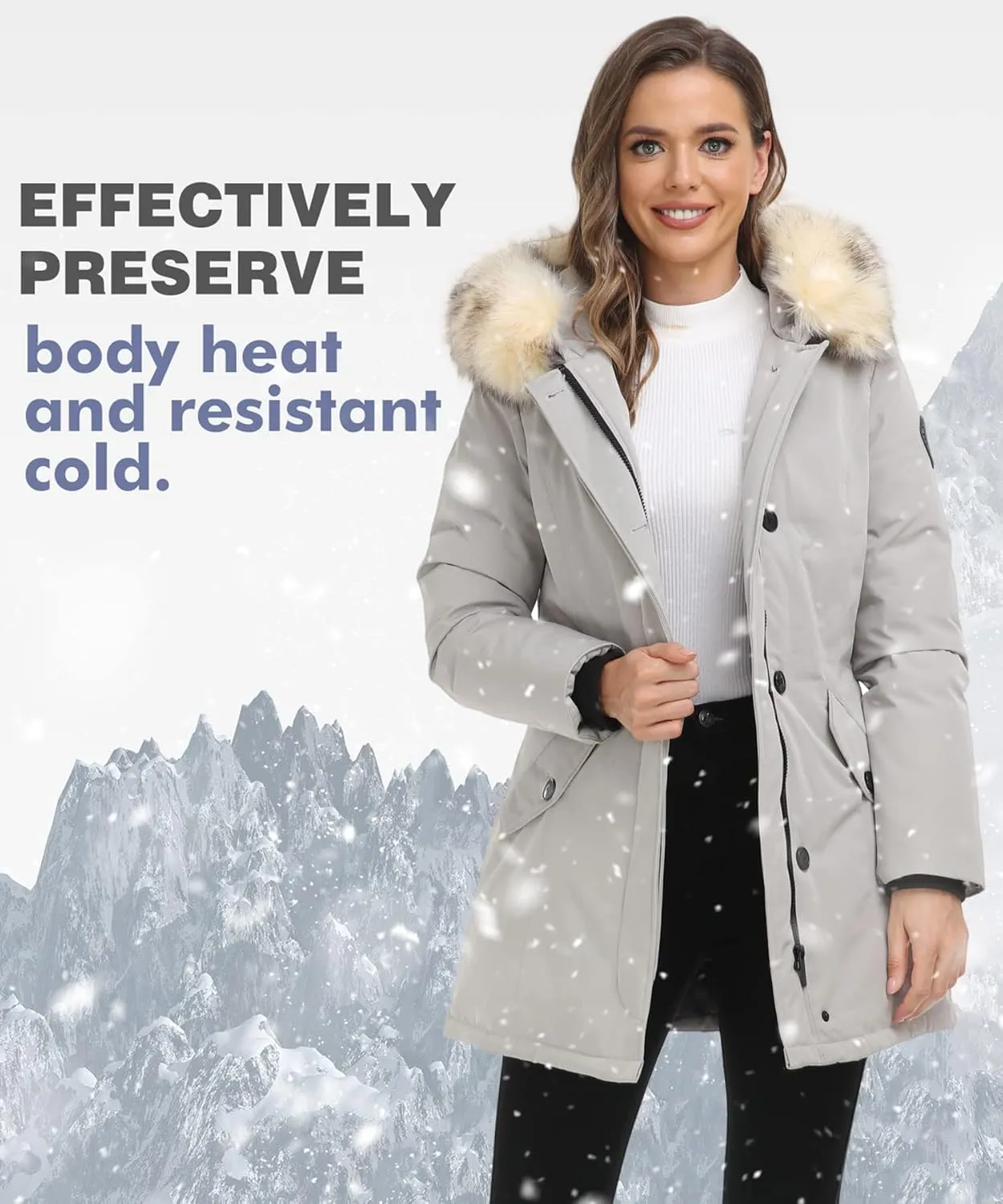 PUREMSX Duck Down Winter Coat for Women Insulated Long Thick Fur Hood Puffer Warm Parka Jacket