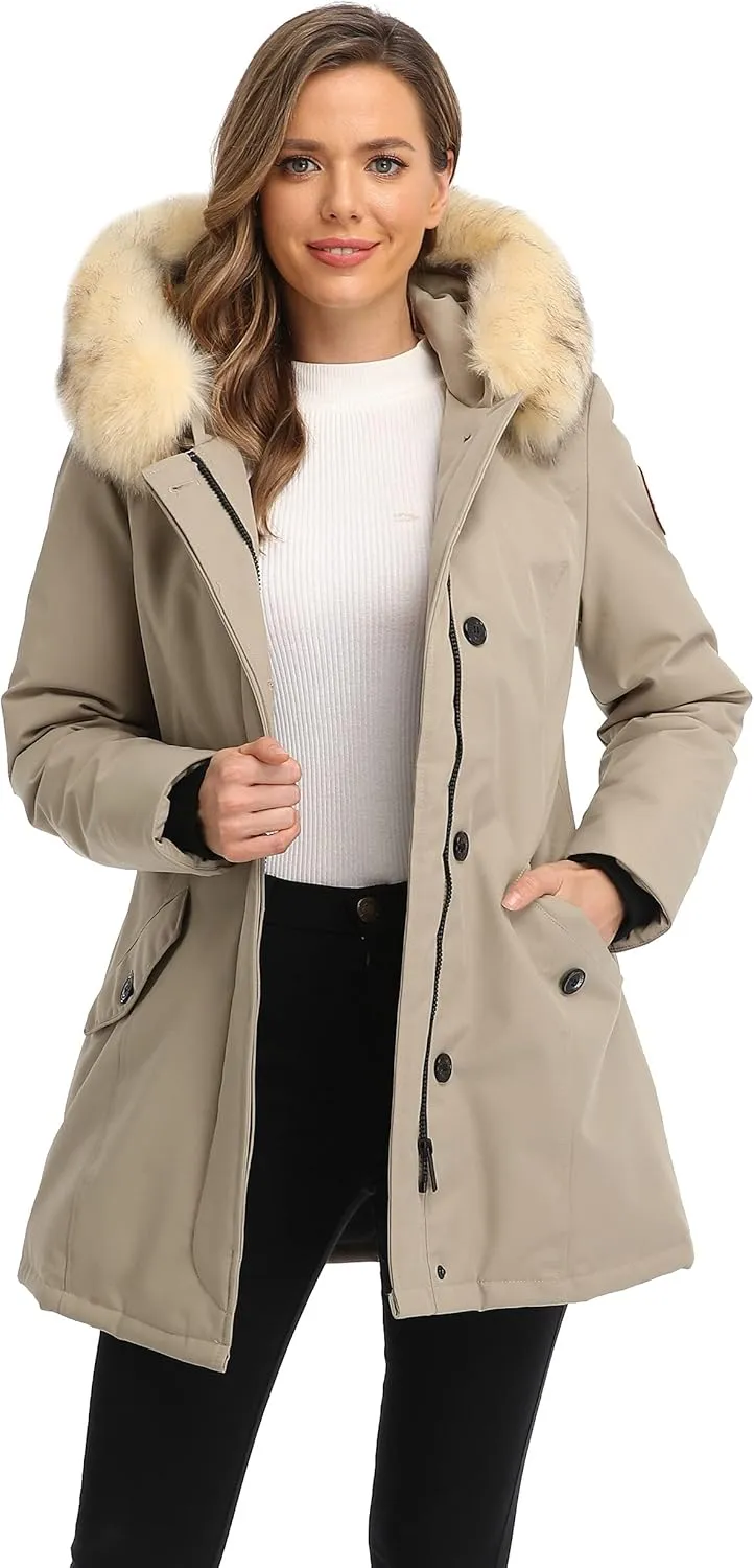 PUREMSX Duck Down Winter Coat for Women Insulated Long Thick Fur Hood Puffer Warm Parka Jacket