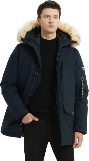 PUREMSX Winter Jackets for Men, Insulated Thick Warm Padded Puffer Coat with Fur Hood