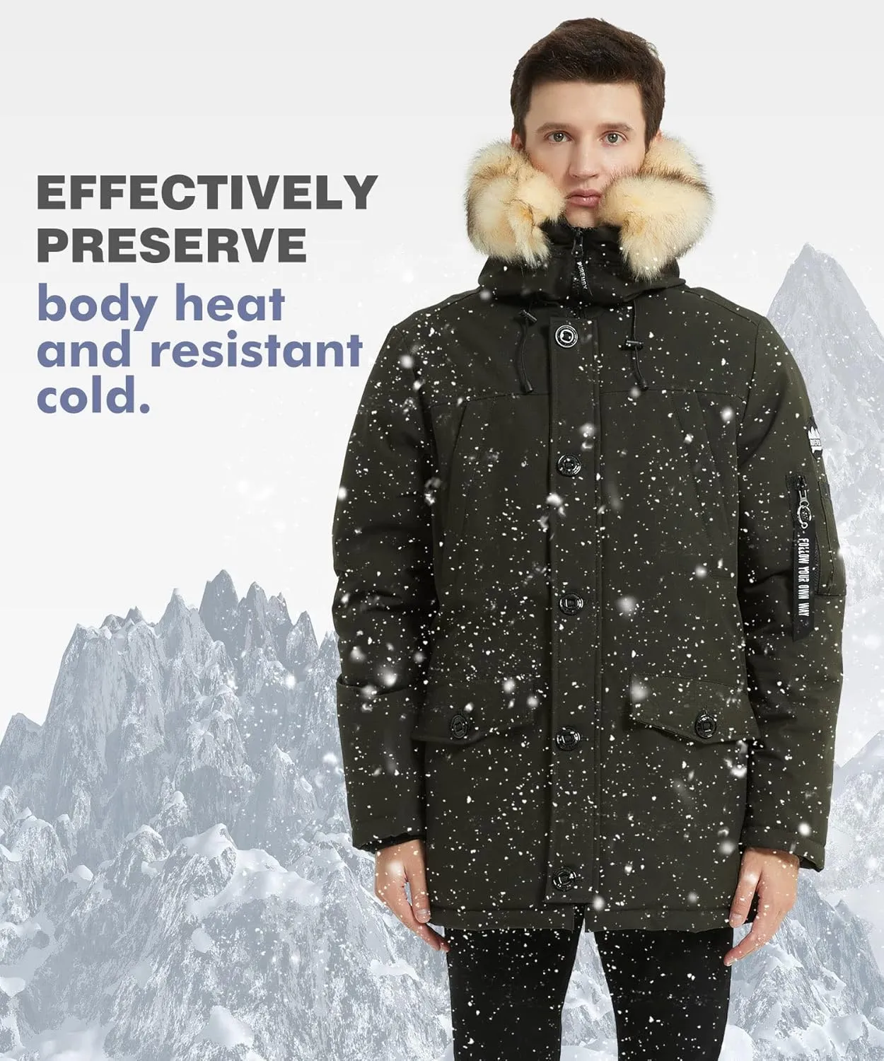 PUREMSX Winter Jackets for Men, Insulated Thick Warm Padded Puffer Coat with Fur Hood