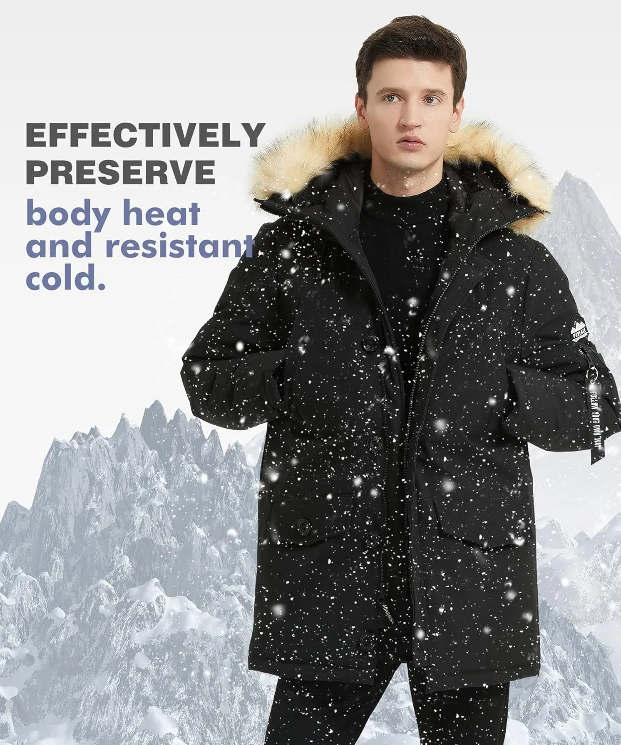 PUREMSX Winter Jackets for Men, Insulated Thick Warm Padded Puffer Coat with Fur Hood