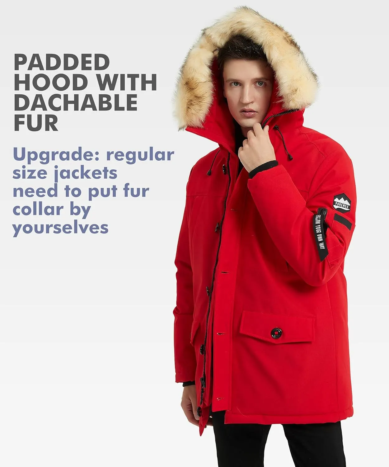 PUREMSX Winter Jackets for Men, Insulated Thick Warm Padded Puffer Coat with Fur Hood