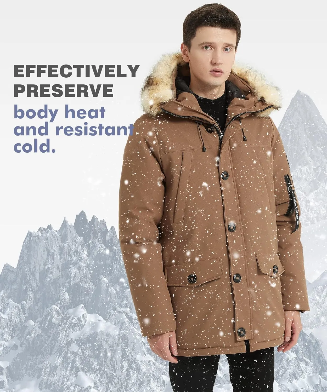 PUREMSX Winter Jackets for Men, Insulated Thick Warm Padded Puffer Coat with Fur Hood