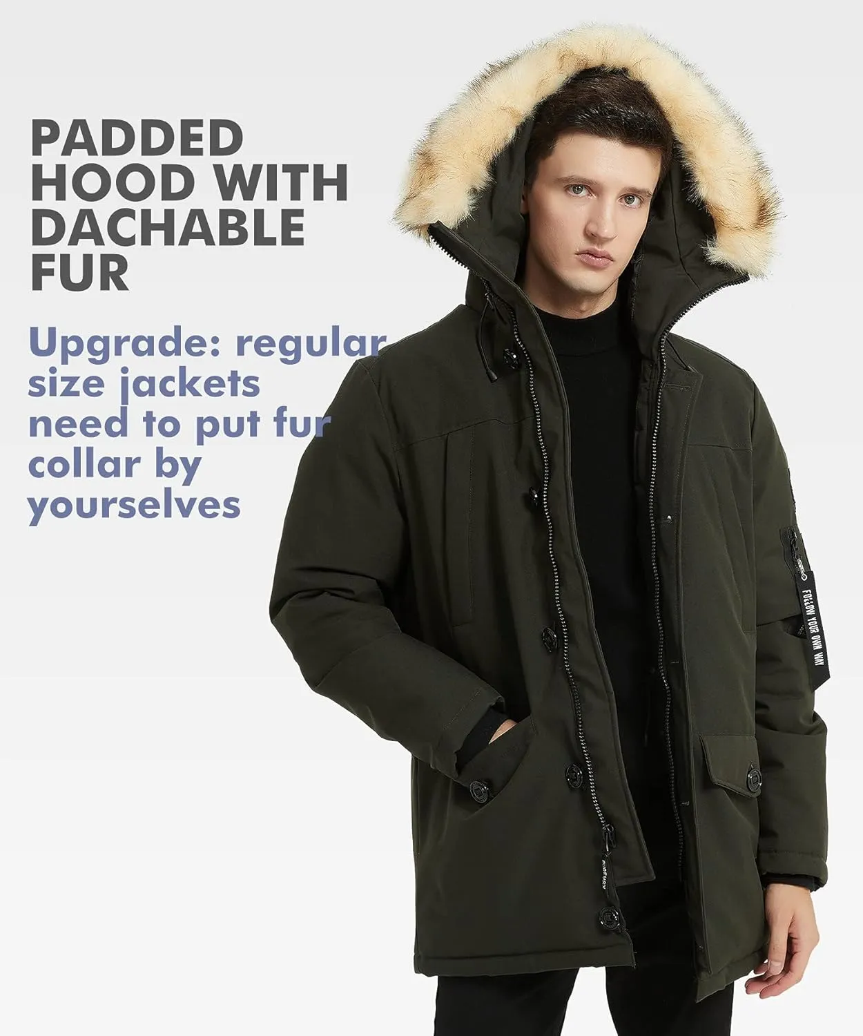 PUREMSX Winter Jackets for Men, Insulated Thick Warm Padded Puffer Coat with Fur Hood