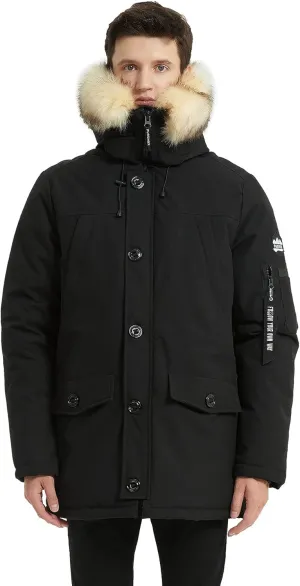 PUREMSX Winter Jackets for Men, Insulated Thick Warm Padded Puffer Coat with Fur Hood