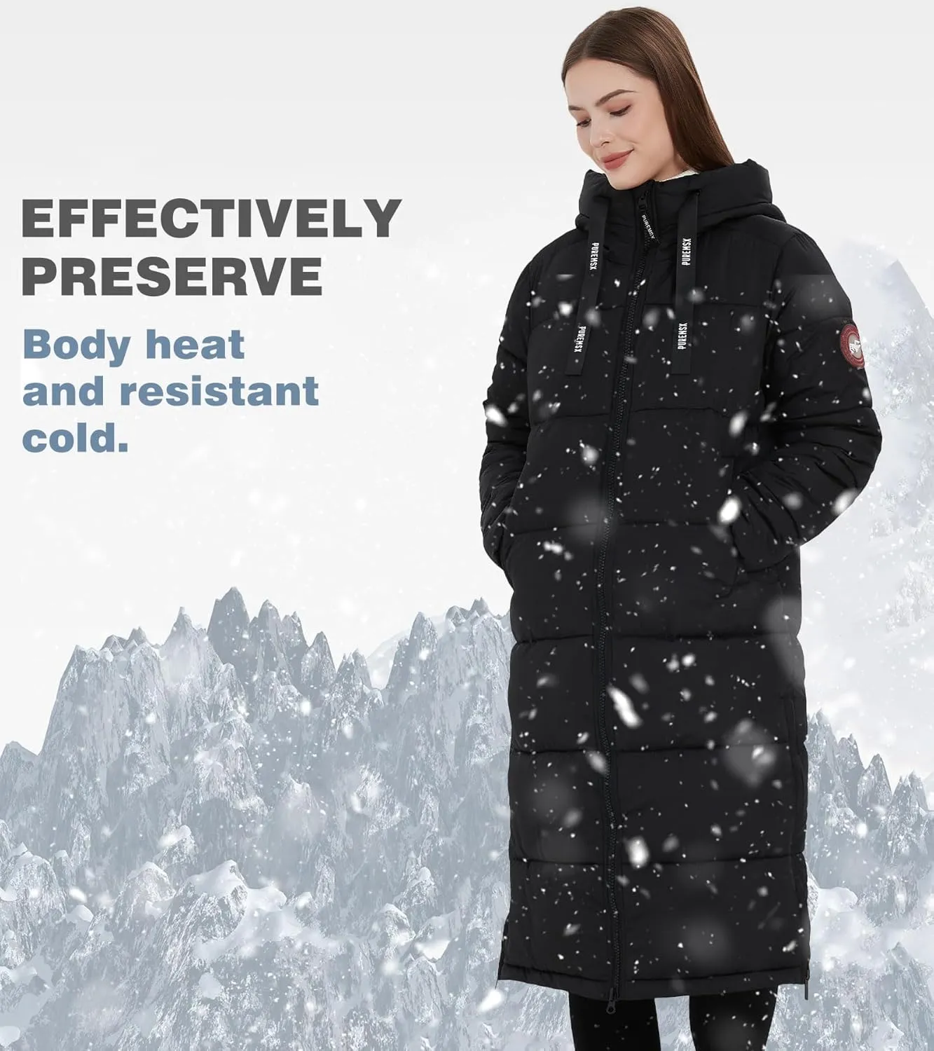 PUREMSX Womens Long Puffer Coat, Warm Thick Insulated Quilted Outdoor Windproof Hooded Jacket XS-XXL