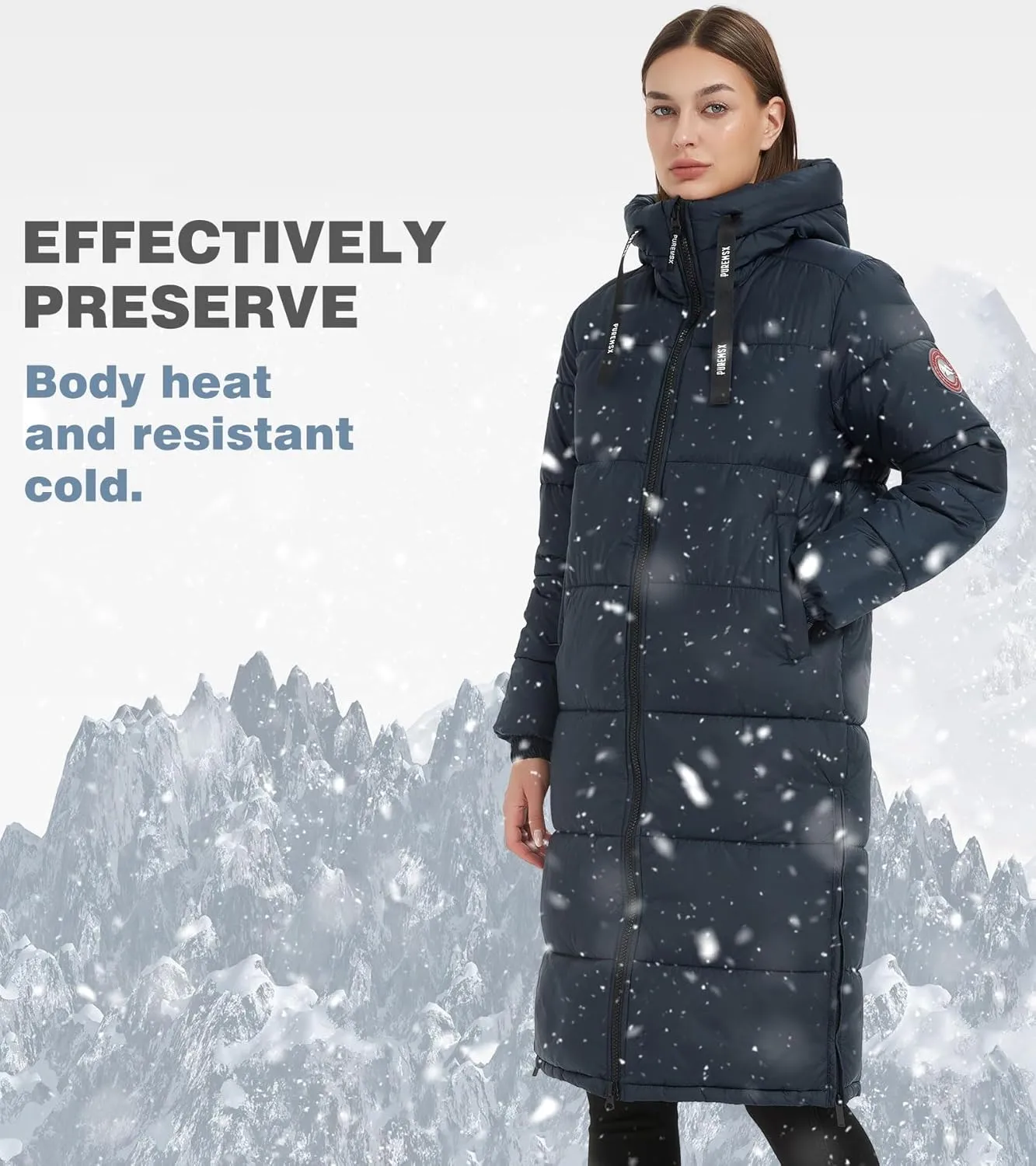 PUREMSX Womens Long Puffer Coat, Warm Thick Insulated Quilted Outdoor Windproof Hooded Jacket XS-XXL