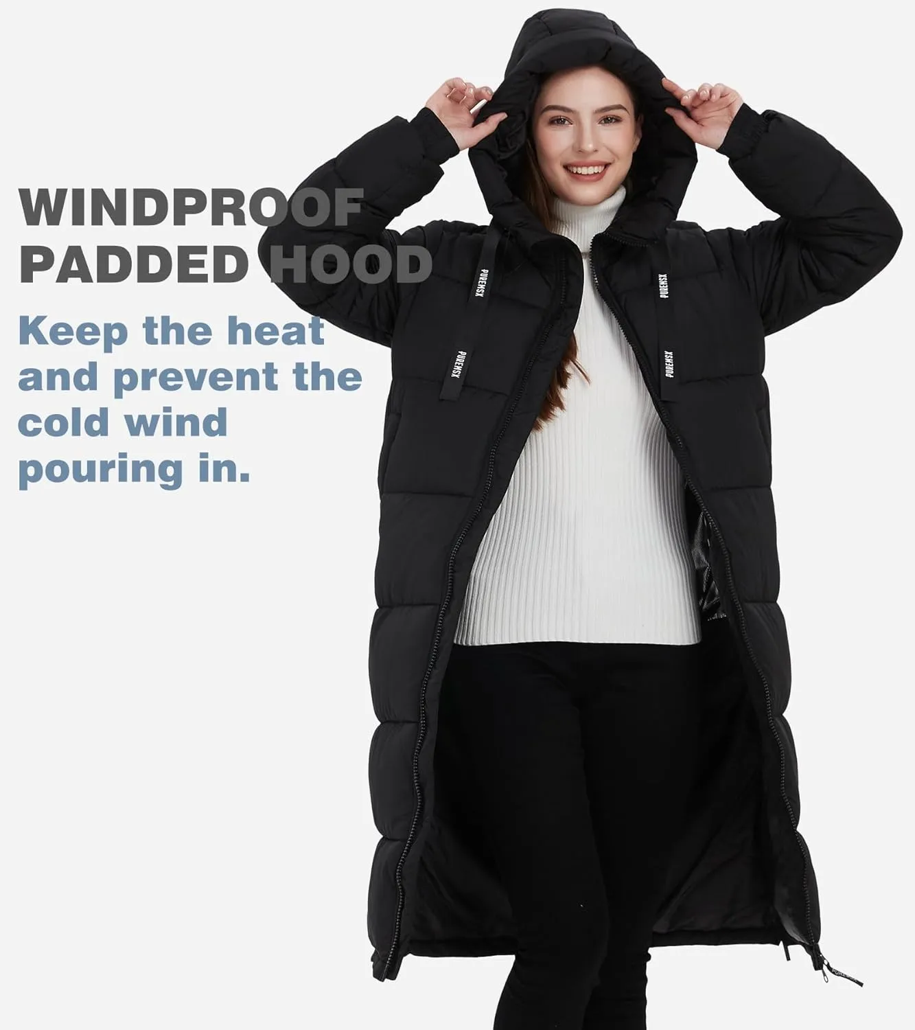 PUREMSX Womens Long Puffer Coat, Warm Thick Insulated Quilted Outdoor Windproof Hooded Jacket XS-XXL
