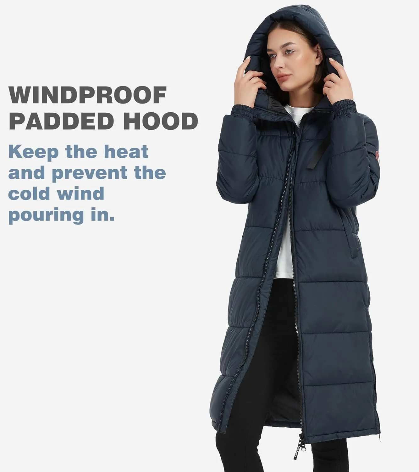 PUREMSX Womens Long Puffer Coat, Warm Thick Insulated Quilted Outdoor Windproof Hooded Jacket XS-XXL
