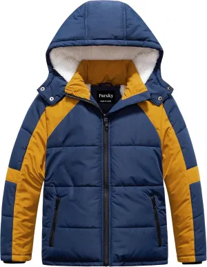 Pursky Boy's Warm Winter Coat Water Resistant Sherpa Outerwear Puffer Jackets With Removable Furry Hood
