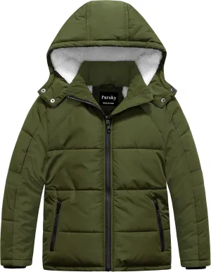 Pursky Boy's Warm Winter Coat Water Resistant Sherpa Outerwear Puffer Jackets With Removable Furry Hood