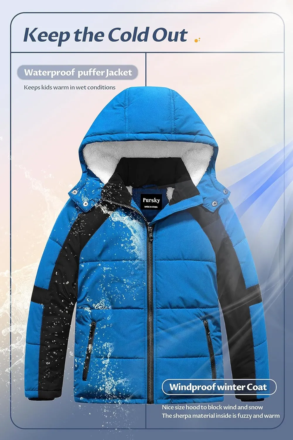Pursky Boy's Warm Winter Coat Water Resistant Sherpa Outerwear Puffer Jackets With Removable Furry Hood
