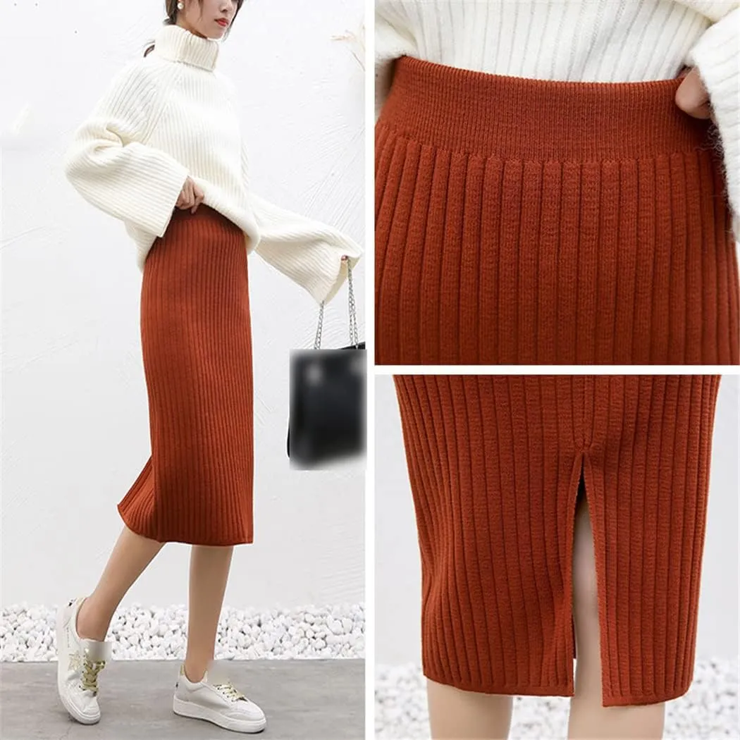Stretchable Split Knit Sweater Skirt Elastic High Waist Midi Pencil Skirt Bodycon Women Long Skirts