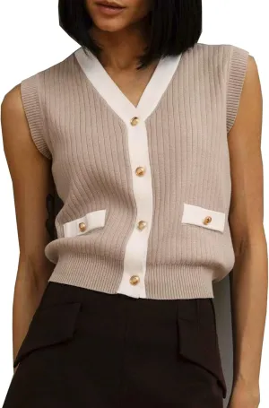 Sweater Vest for Women Sleeveless Crochet Tank Top V Neck Knitted Cardigan Contrasting Color Golden Button Up Without Pocket