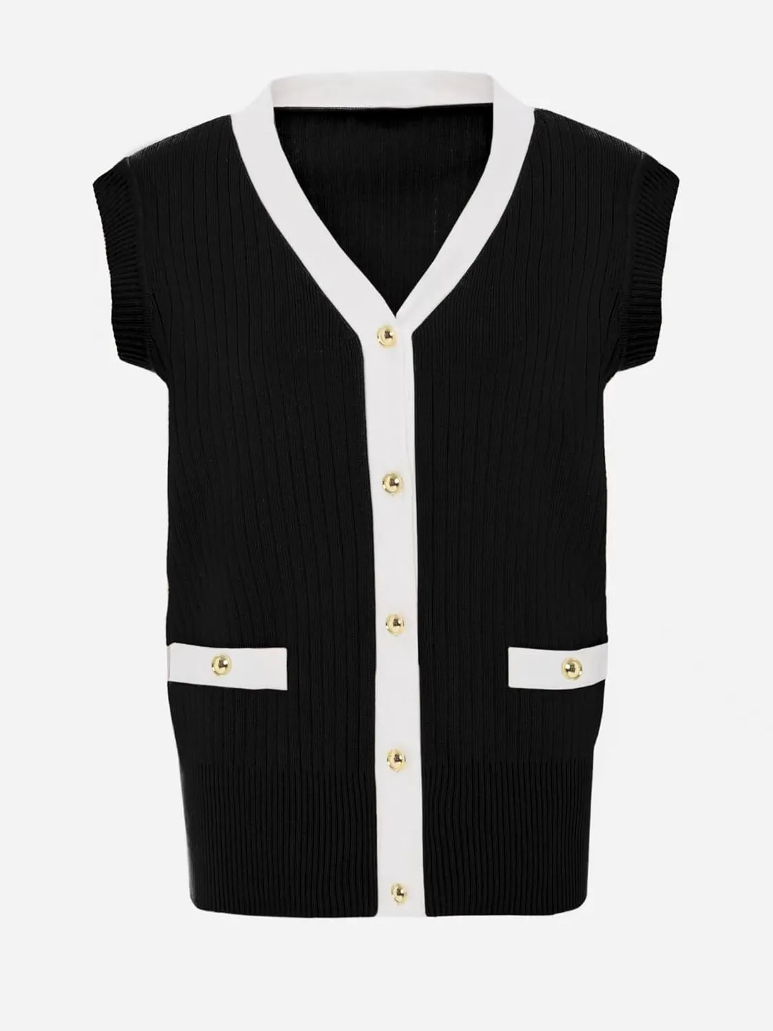 Sweater Vest for Women Sleeveless Crochet Tank Top V Neck Knitted Cardigan Contrasting Color Golden Button Up Without Pocket