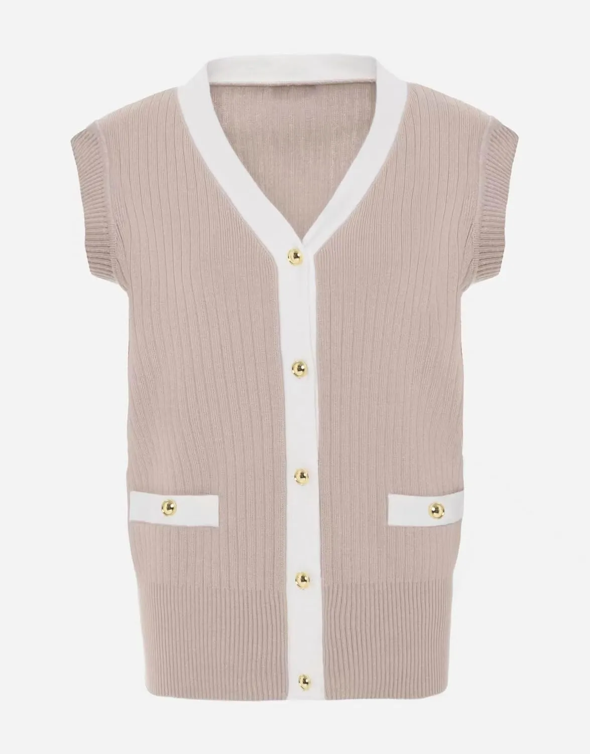 Sweater Vest for Women Sleeveless Crochet Tank Top V Neck Knitted Cardigan Contrasting Color Golden Button Up Without Pocket