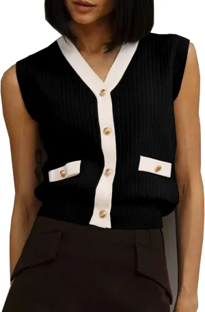 Sweater Vest for Women Sleeveless Crochet Tank Top V Neck Knitted Cardigan Contrasting Color Golden Button Up Without Pocket