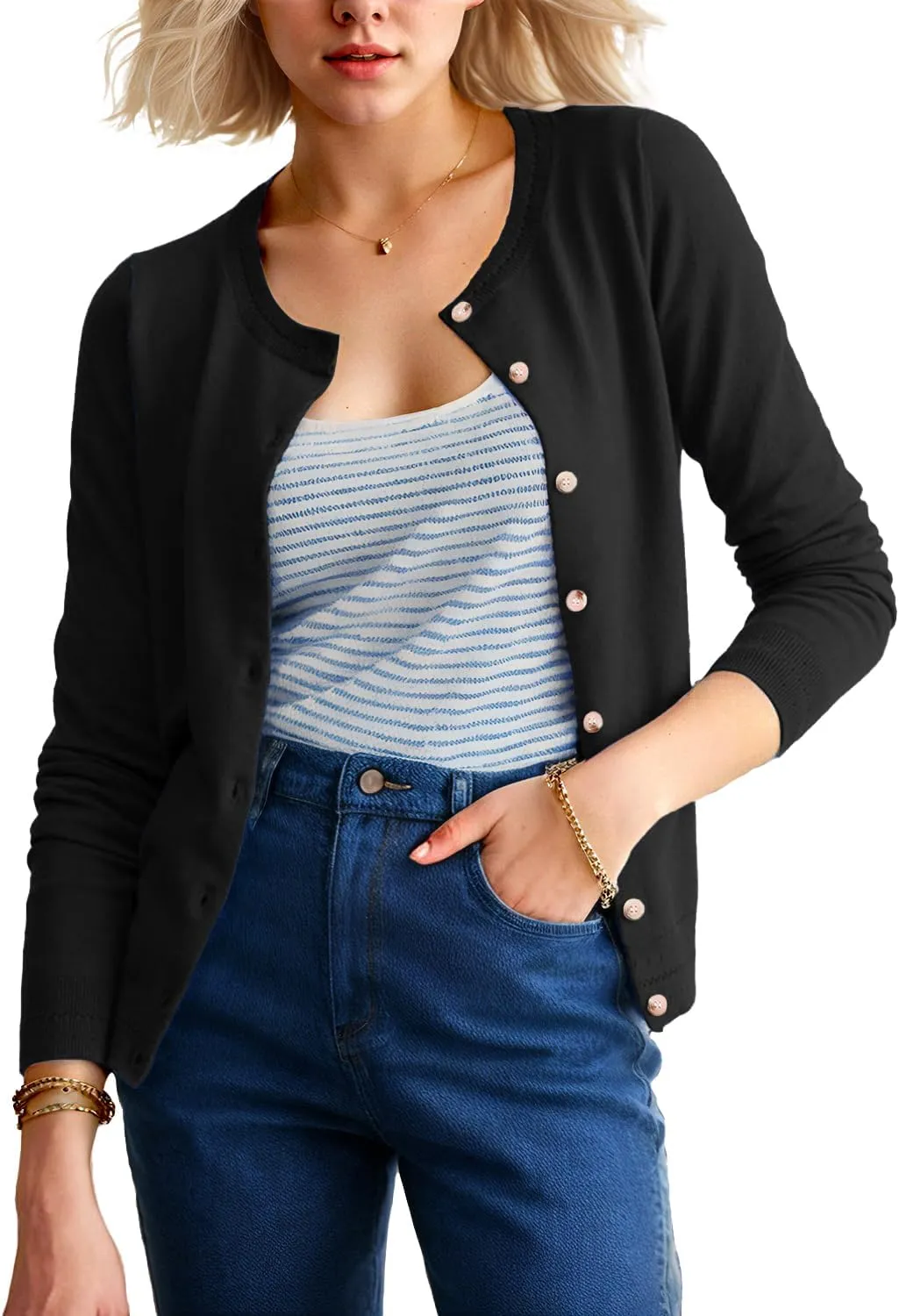 Tanou Womens Lightweight Cardigan Classic Casual Hollow Carved Long Sleeve Crew Neck Button Knit Cardigan Sweaters