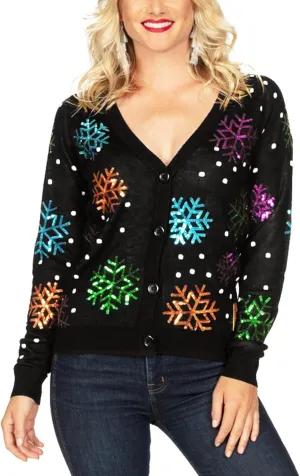 Tipsy Elves Classic Cute Cardigan Ugly Christmas Sweaters for Women with Fun Patterns and Animals - Women's Colorful Black Sequin Snowfall Christmas Cardigan Size X-Large