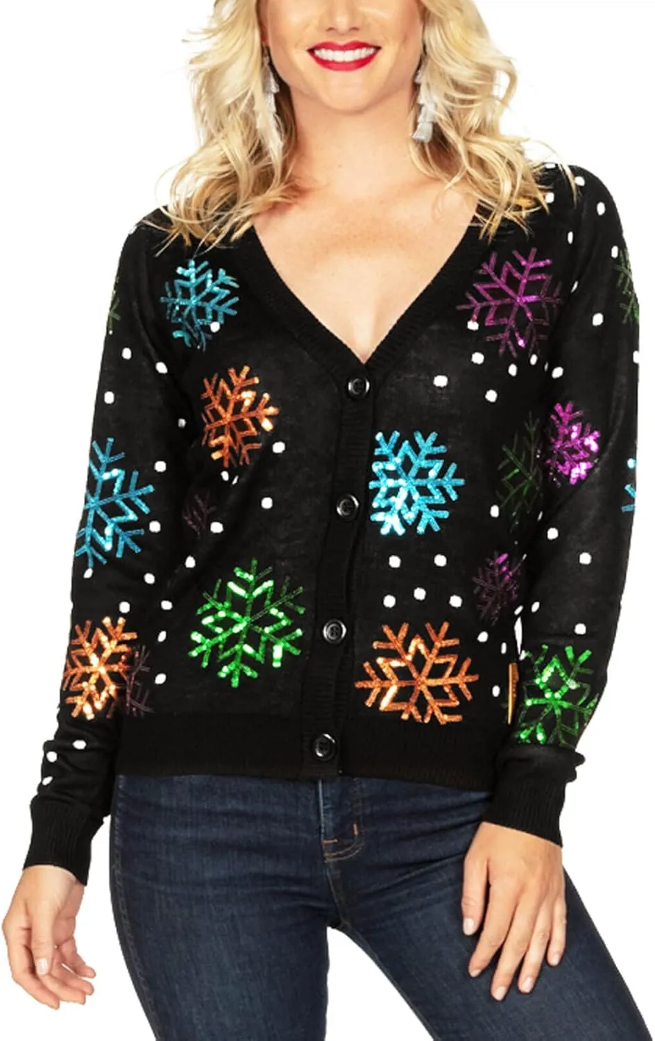 Tipsy Elves Classic Cute Cardigan Ugly Christmas Sweaters for Women with Fun Patterns and Animals - Women's Colorful Black Sequin Snowfall Christmas Cardigan Size X-Large