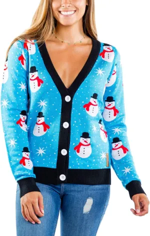 Tipsy Elves Classic Cute Cardigan Ugly Christmas Sweaters for Women with Fun Patterns and Animals - Women's Colorful Blue Snazzy Snowman Christmas Cardigan Size X-Small