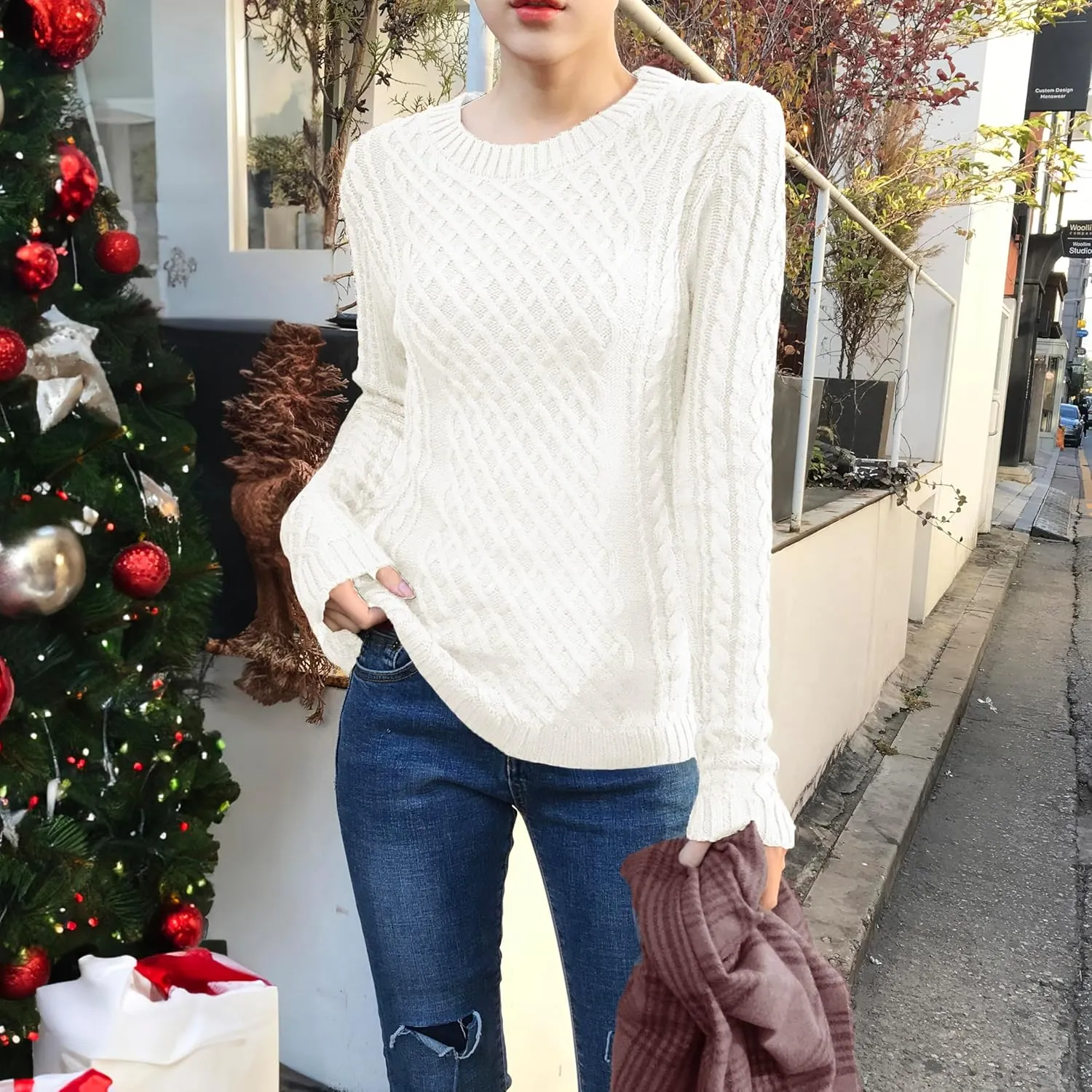 v28 Women Crew Neck Knit Stretchable Elasticity Long Sleeve Sweater Jumper Pullover