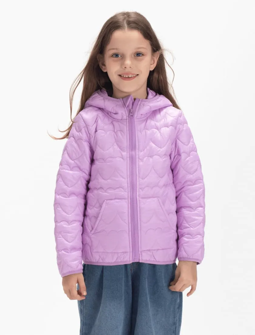 WELAKEN Lightweight Heart Quilted Cotton Puffer Jacket for Girls & Kids Zip Up Hooded Coat with Kangaroo Pocket