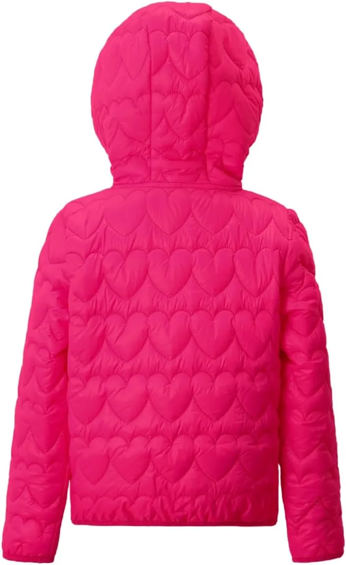 WELAKEN Lightweight Heart Quilted Cotton Puffer Jacket for Girls & Kids Zip Up Hooded Coat with Kangaroo Pocket