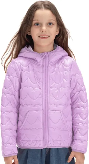 WELAKEN Lightweight Heart Quilted Cotton Puffer Jacket for Girls & Kids Zip Up Hooded Coat with Kangaroo Pocket