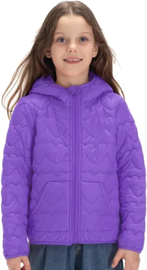 WELAKEN Lightweight Heart Quilted Cotton Puffer Jacket for Girls & Kids Zip Up Hooded Coat with Kangaroo Pocket