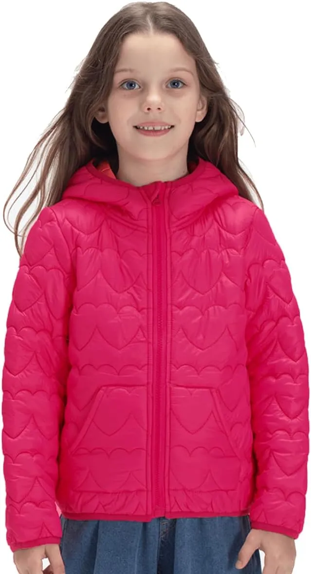 WELAKEN Lightweight Heart Quilted Cotton Puffer Jacket for Girls & Kids Zip Up Hooded Coat with Kangaroo Pocket