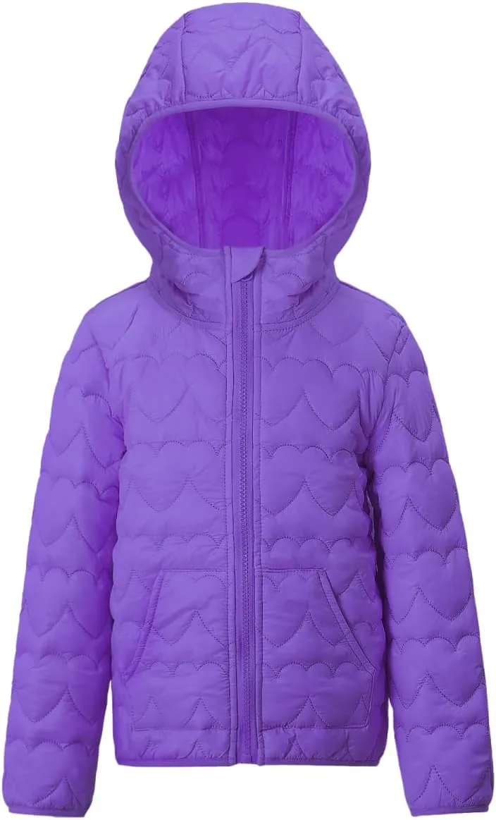 WELAKEN Lightweight Heart Quilted Cotton Puffer Jacket for Girls & Kids Zip Up Hooded Coat with Kangaroo Pocket