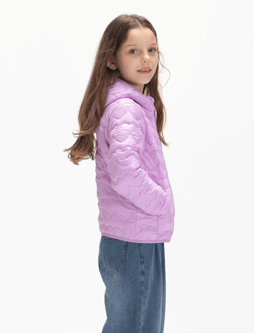 WELAKEN Lightweight Heart Quilted Cotton Puffer Jacket for Girls & Kids Zip Up Hooded Coat with Kangaroo Pocket