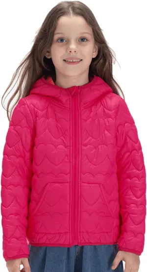 WELAKEN Lightweight Heart Quilted Cotton Puffer Jacket for Girls & Kids Zip Up Hooded Coat with Kangaroo Pocket