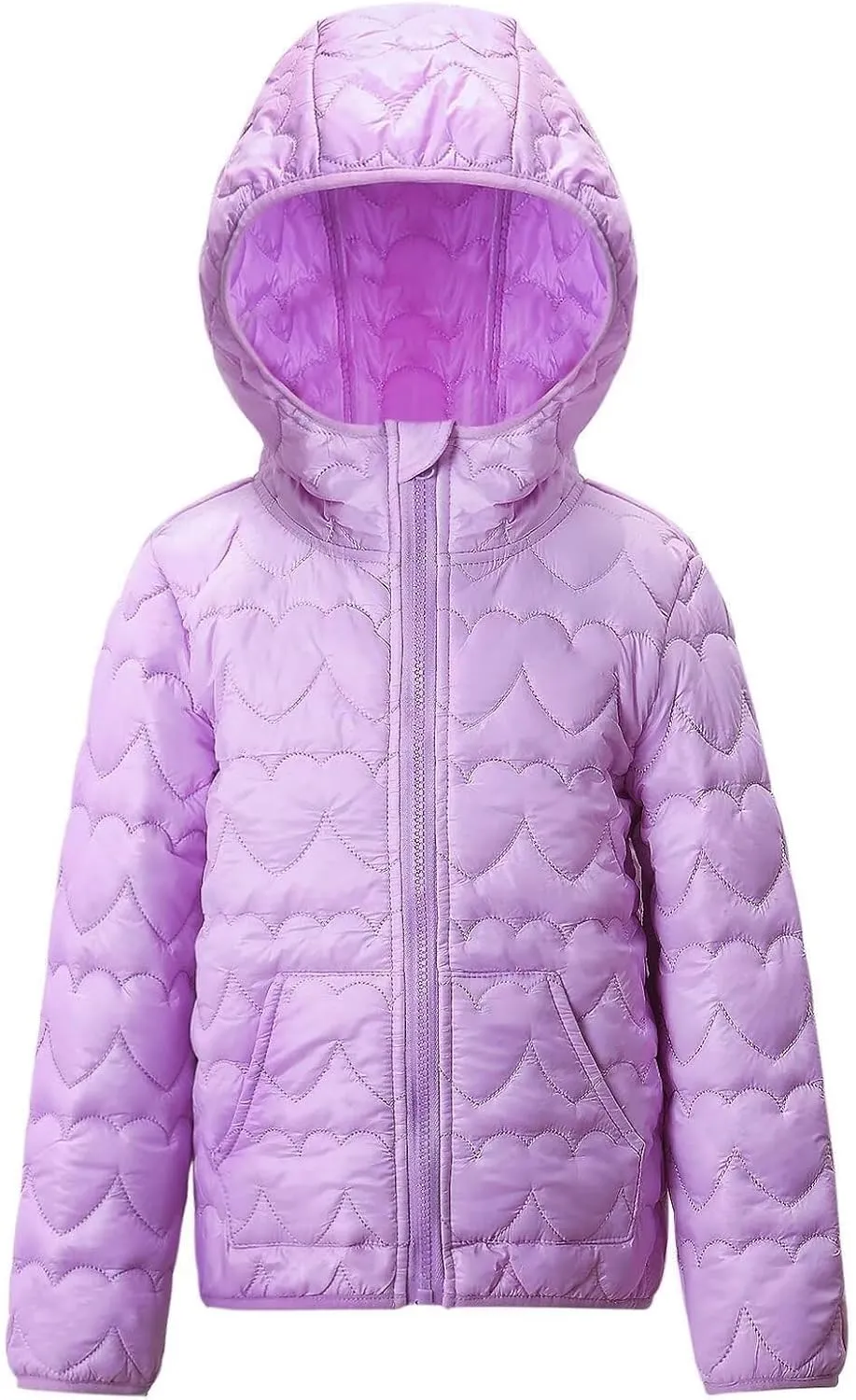 WELAKEN Lightweight Heart Quilted Cotton Puffer Jacket for Girls & Kids Zip Up Hooded Coat with Kangaroo Pocket