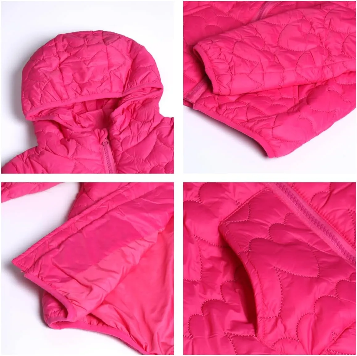 WELAKEN Lightweight Heart Quilted Cotton Puffer Jacket for Girls & Kids Zip Up Hooded Coat with Kangaroo Pocket