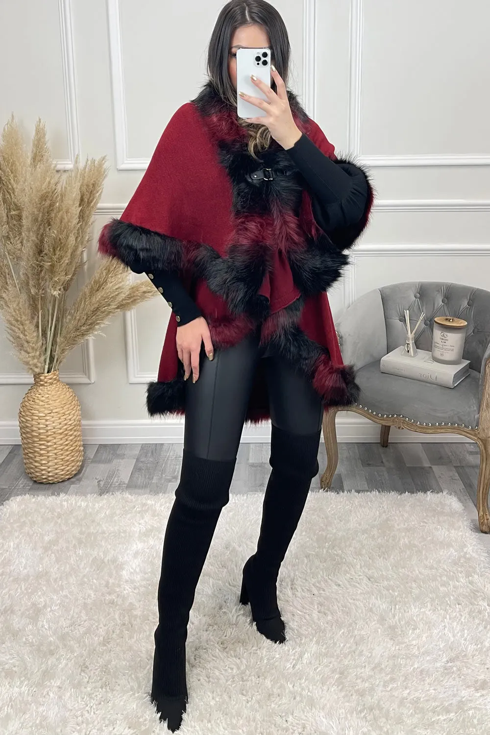 Wine Multi Contrasting Faux Fur Double Layer Cape