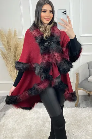 Wine Multi Contrasting Faux Fur Double Layer Cape