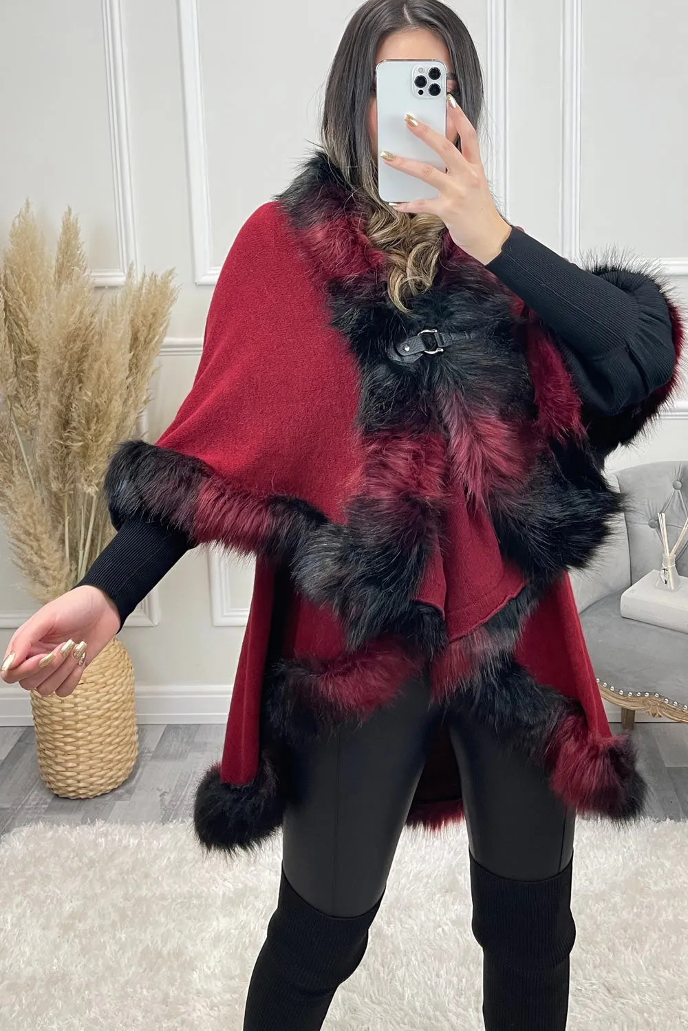 Wine Multi Contrasting Faux Fur Double Layer Cape