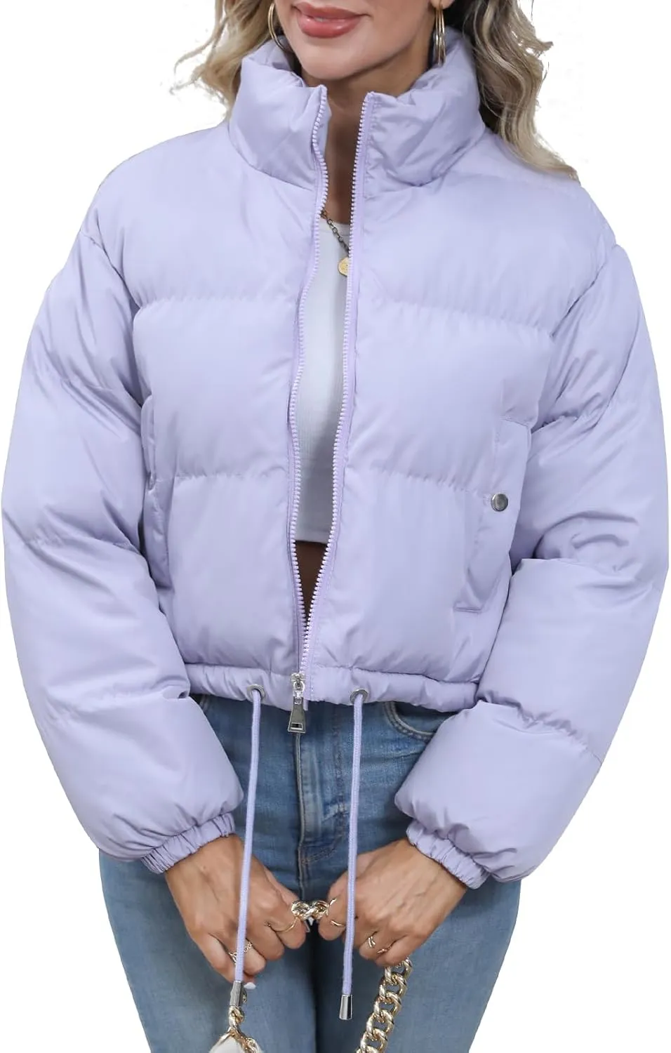 Winter Puffer Jacket Women Cropped Baggy Quilted Coats Long Sleeves Zip Puffy Jackets