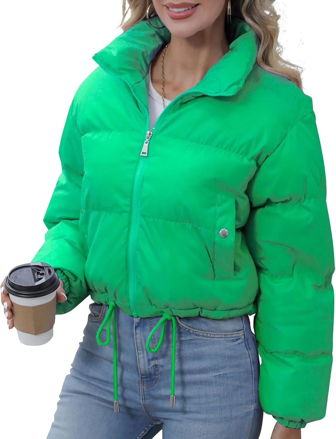 Winter Puffer Jacket Women Cropped Baggy Quilted Coats Long Sleeves Zip Puffy Jackets