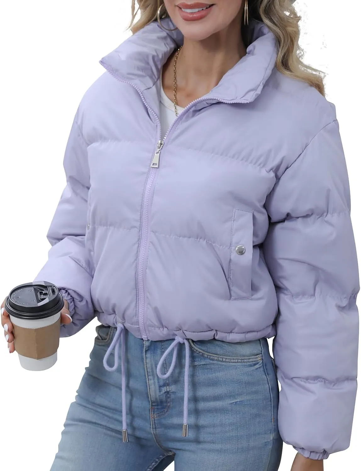 Winter Puffer Jacket Women Cropped Baggy Quilted Coats Long Sleeves Zip Puffy Jackets