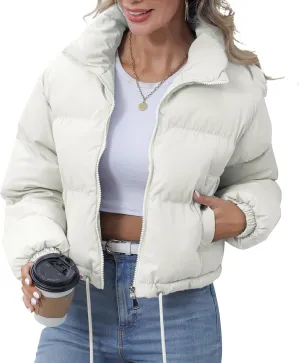 Winter Puffer Jacket Women Cropped Baggy Quilted Coats Long Sleeves Zip Puffy Jackets
